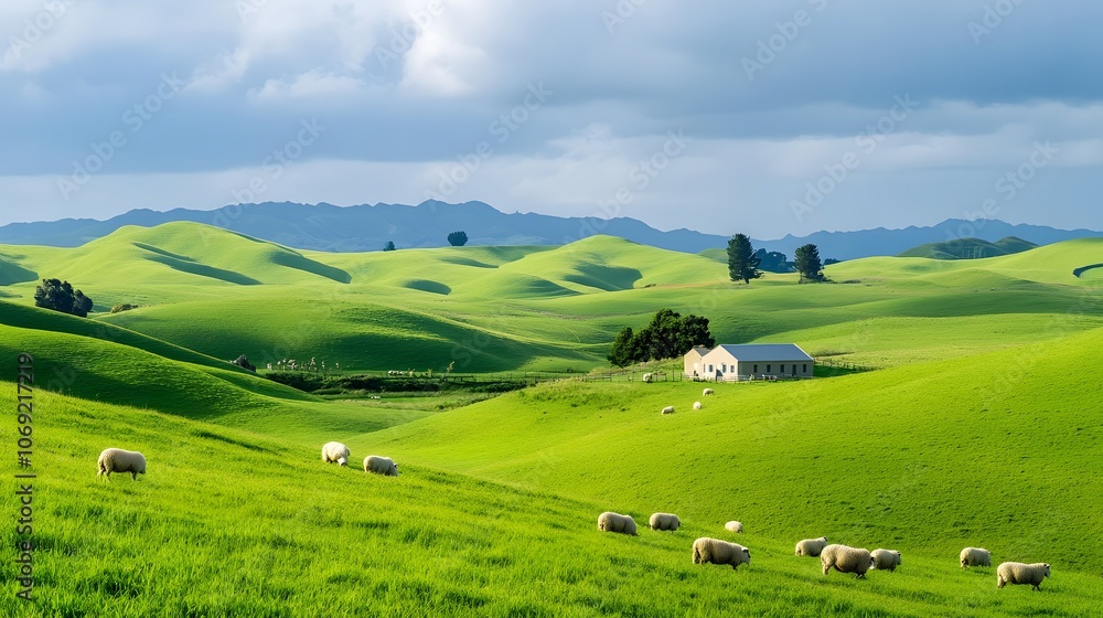Peaceful countryside with rolling green hills, grazing sheep, and a quaint farmhouse in the distance Peaceful countryside with rolling green hills, grazing sheep, and a quaint farmhouse in the distance