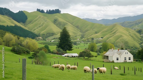 Peaceful countryside with rolling green hills, grazing sheep, and a quaint farmhouse in the distance photo