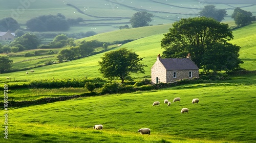 Peaceful countryside with rolling green hills, grazing sheep, and a quaint farmhouse in the distance photo