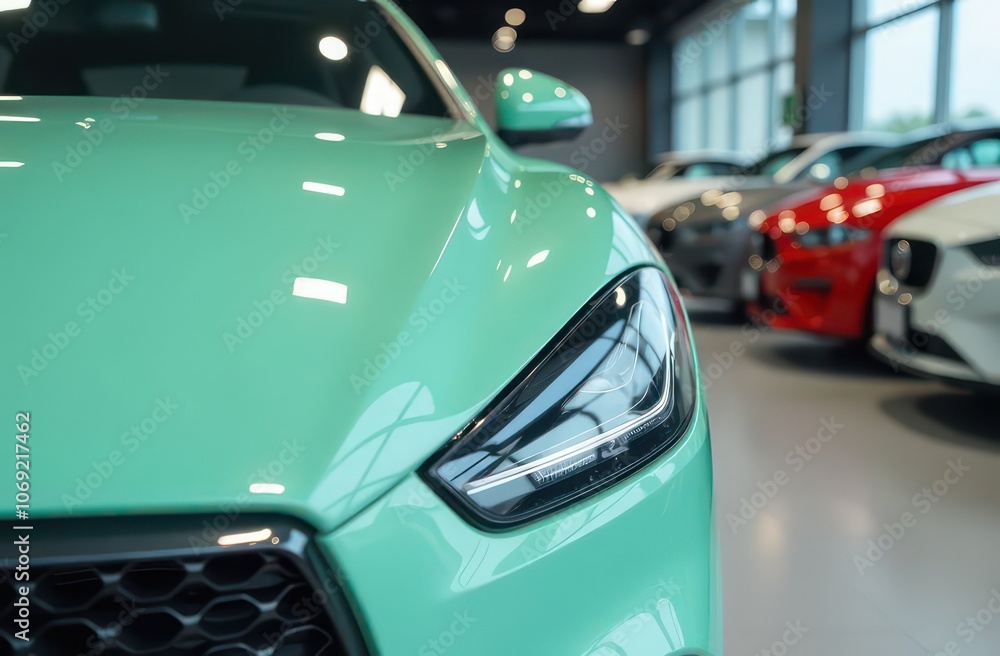 a close up view of a part of shiny light sea green car in a showroom with other vehicles in the background a close up view of a part of shiny light sea green car in a showroom with other vehicles in the background