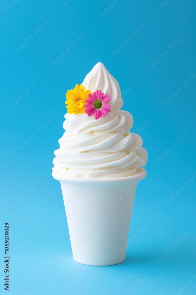 Creamy white soft serve ice cream with colorful flower decorations on a bright blue background Creamy white soft serve ice cream with colorful flower decorations on a bright blue background