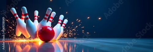 Horizontal dark background with bowling pins flying in different directions from the impact of the red ball, sparks fly