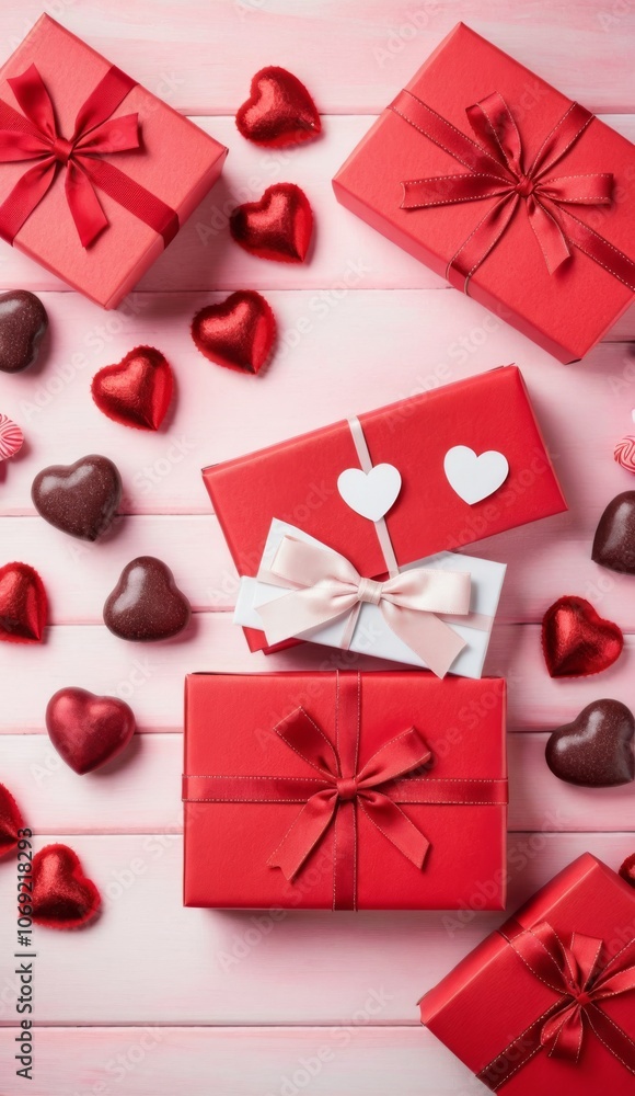 Valentine day composition sweet candy, with gift boxes with bow and red felt hearts, photo template, background. Top View with copy space Valentine day composition sweet candy, with gift boxes with bow and red felt hearts, photo template, background. Top View with copy space