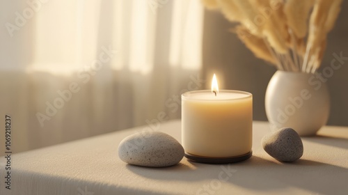 Aroma candle on beige background. Warm aesthetic composition with stones. Cozy home comfort, relaxation and wellness concept. Interior decoration mockup