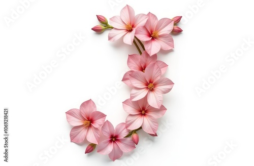 Intertwined flowers letter “J”, realist precision, high saturation, beautiful, inspiring, isolated, flat white background