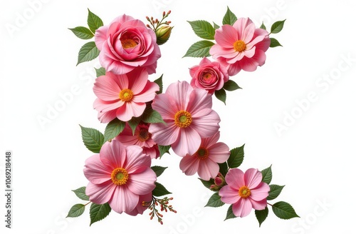 Intertwined flowers letter “K”, realist precision, high saturation, beautiful, inspiring, isolated, flat white background