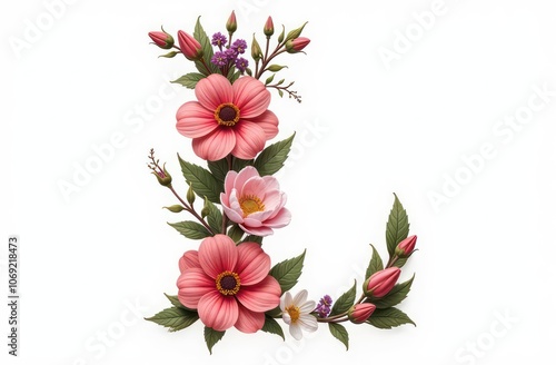 Intertwined flowers letter “L”, realist precision, high saturation, beautiful, inspiring, isolated, flat white background
