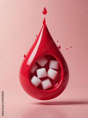 Realistic 3d blood drop with sugar pieces inside Testing blood glucose concept Diabetes world day Vector illustration