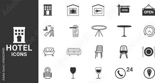 Hotel icons set. Hospitality symbol, room, service, booking, facilities and more Simple web icons set