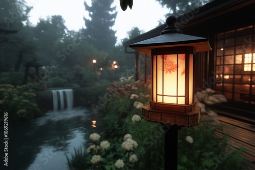 As dawn broke, the first rays bathed the waterfall garden behind the house in a gentle, warm light. enhance tranquility.