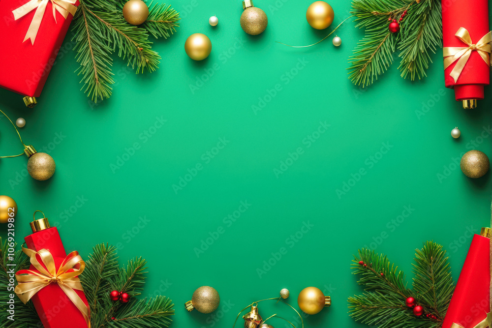 A green Christmas background featuring a flat lay arrangement of decorations like gold ornaments, pine branches, and red gift boxes, ideal for festive designs. Generative AI A green Christmas background featuring a flat lay arrangement of decorations like gold ornaments, pine branches, and red gift boxes, ideal for festive designs. Generative AI