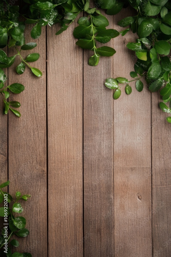 Lush green leaves frame a rustic wooden background, creating a natural and serene atmosphere. Lush green leaves frame a rustic wooden background, creating a natural and serene atmosphere.