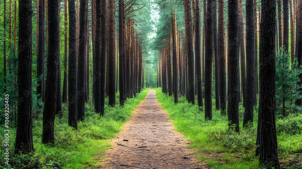 Fototapeta premium Peaceful forest trail, surrounded by tall pine trees, a soft blanket of needles underfoot, and birds singing