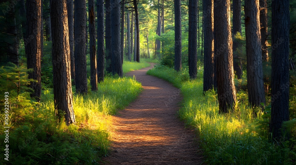 Fototapeta premium Peaceful forest trail, surrounded by tall pine trees, a soft blanket of needles underfoot, and birds singing