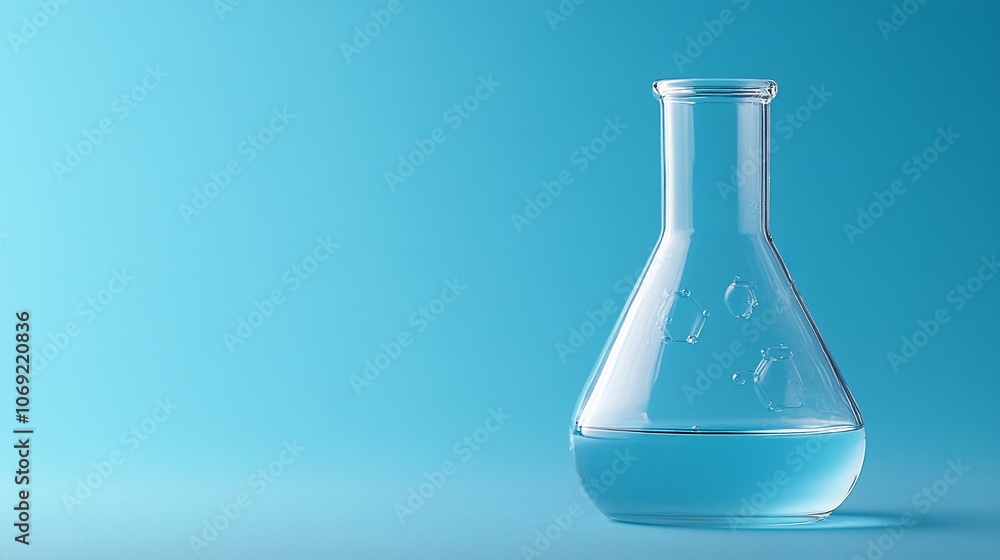 A clear glass flask filled with a clear liquid against a blue background. A clear glass flask filled with a clear liquid against a blue background.