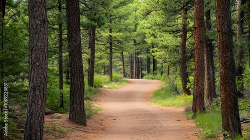 Peaceful forest trail, surrounded by tall pine trees, a soft blanket of needles underfoot, and birds singing