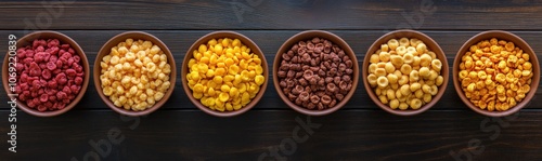 Assortment of colorful breakfast cereal in bowls on a rustic wooden table