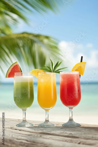 Refreshing tropical cocktails on a beach with palm trees