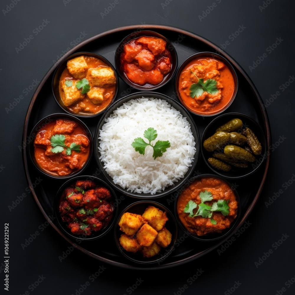 Delicious Indian curry dishes served on a black platter with rice Delicious Indian curry dishes served on a black platter with rice