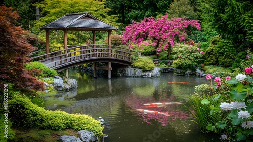 Peaceful garden featuring blooming flowers, a tranquil koi pond, and a charming small wooden bridge. The serene setting invites relaxation and reflection amidst vibrant natural beauty. photo