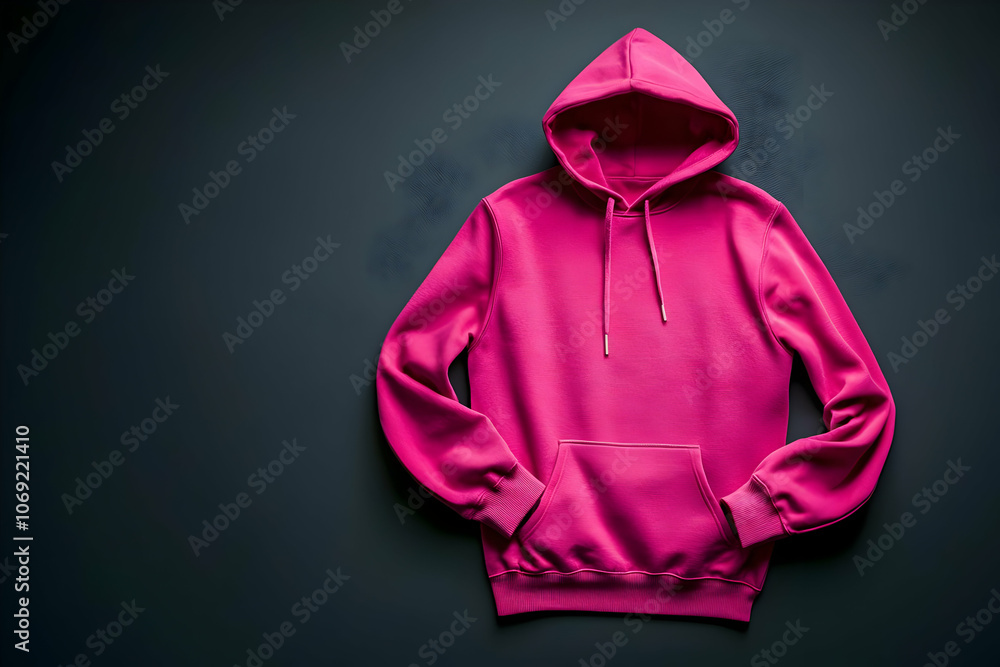 A vibrant pink hoodie displayed on a dark background, highlighting its casual style. A vibrant pink hoodie displayed on a dark background, highlighting its casual style.