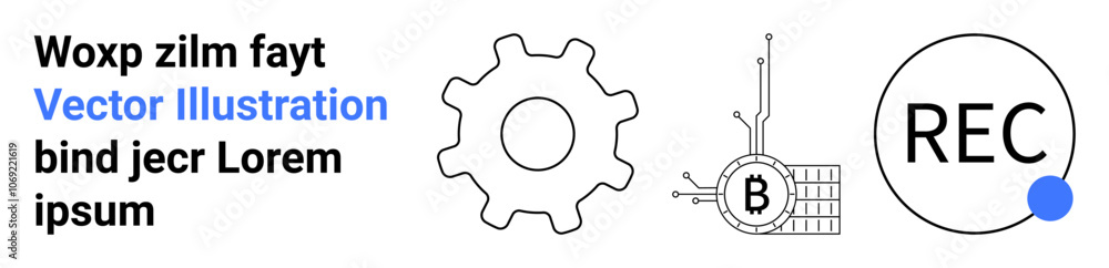 Gear diagram, Bitcoin circuitry, and record button next to text. Ideal for technology, finance, cryptocurrency, broadcasting, engineering, presentations, marketing materials Landing page Gear diagram, Bitcoin circuitry, and record button next to text. Ideal for technology, finance, cryptocurrency, broadcasting, engineering, presentations, marketing materials Landing page