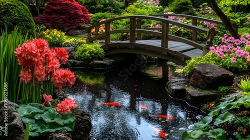 Peaceful garden featuring blooming flowers, a tranquil koi pond, and a charming small wooden bridge. The serene setting invites relaxation and reflection amidst vibrant natural beauty. photo