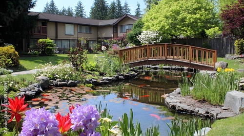 Peaceful garden featuring blooming flowers, a tranquil koi pond, and a charming small wooden bridge. The serene setting invites relaxation and reflection amidst vibrant natural beauty. photo