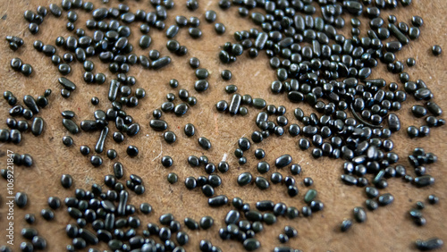 Fotografija Black smokeless gunpowder: Small silver spheroidal powder grains with a phlegmatic surface layer