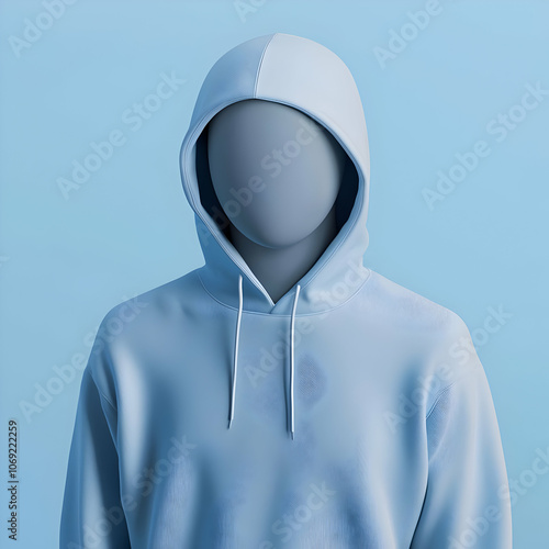 A faceless figure wearing a light blue hoodie against a soft blue background.