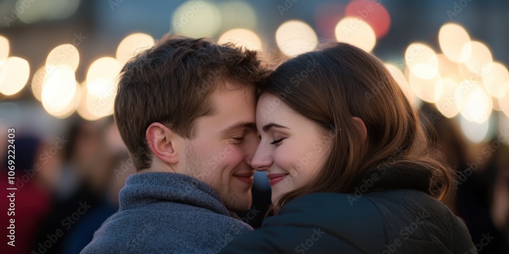 Affectionate couple embracing under twinkling lights Affectionate couple embracing under twinkling lights