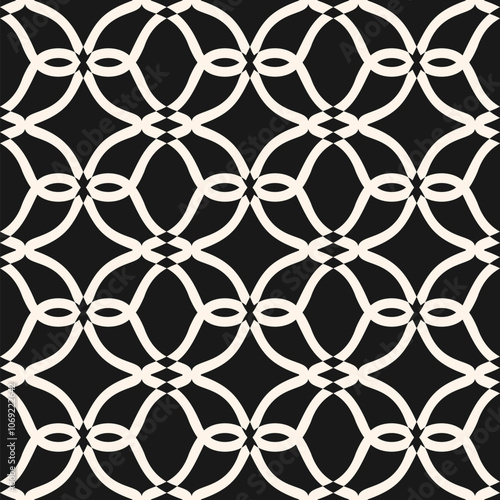 Abstract geometric seamless pattern. Black and white vector ornament background. Elegant simple texture with grid, lattice, diamond shapes, curved lines. Oriental style pattern. Repeated geo design