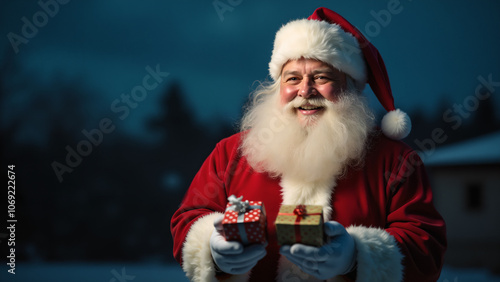 Santa Claus frontal portrait proudly holding a pile of presents while smiling. Starry nocturnal scene with left copy space.