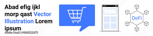Vertical text block, blue shopping cart icon in speech bubble, mobile phone interface, and decentralized finance hexagon. Ideal for e-commerce, mobile apps, DeFi, digital tech, fintech, UIUX