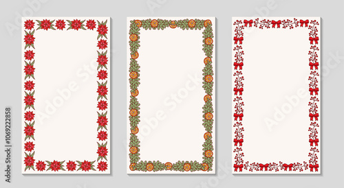 Christmas frame set for Social media Stories. Spruce branches with slices of orange, poinsettia, holly berries. Christmas holidays vertical templates. Winter sale and social media Vector illustration