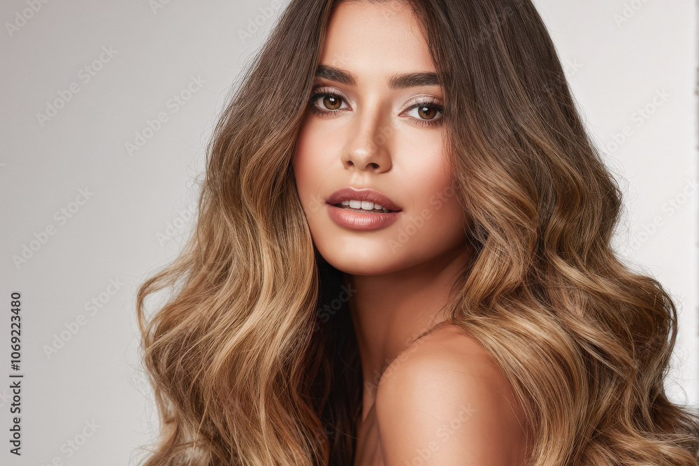 Close-up of a woman with luxurious, long wavy hair and radiant skin, emphasizing her natural beauty and sophisticated style. Generative AI Close-up of a woman with luxurious, long wavy hair and radiant skin, emphasizing her natural beauty and sophisticated style. Generative AI