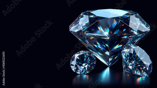 Majestic, multi-faceted diamonds, with intricate, shimmering, iridescent surfaces & flashes of brilliance, creating a dazzling display against a deep blue background; with ample space for text