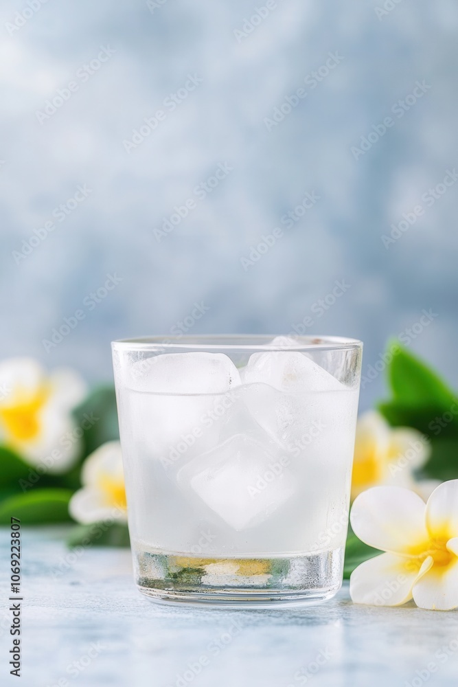 refreshing glass of water with ice cubes and flowers refreshing glass of water with ice cubes and flowers
