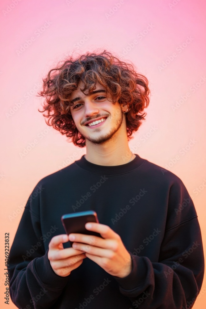 young man with curly hair smiling and using a smartphone young man with curly hair smiling and using a smartphone
