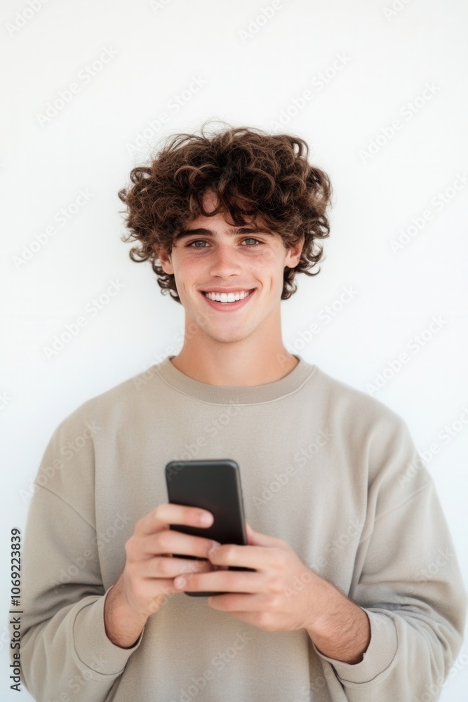 Smiling young man using smartphone Smiling young man using smartphone