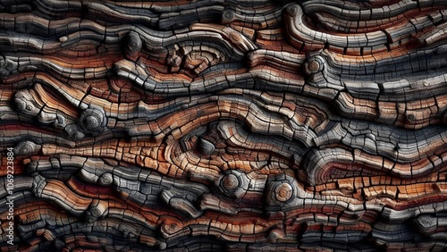 Intricate pattern of intertwining wood grain (tree bark), blending various shades of brown, orange and grey to create a visually striking, natural composition; with ample space for text.