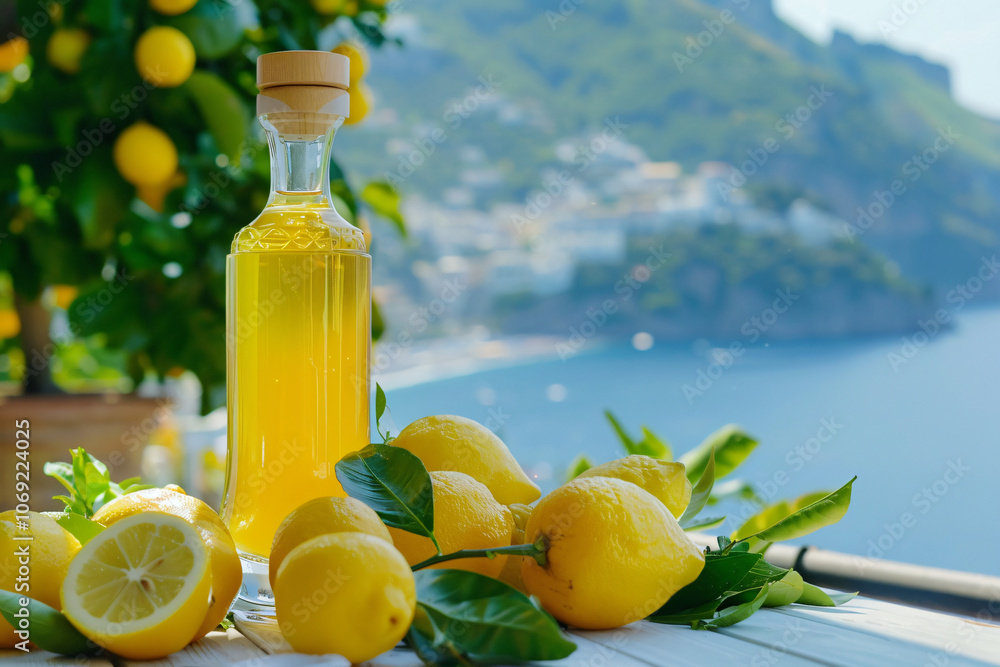 an elegant bottle of limoncello nestled among fresh lemons on a terrace, Amalfi coast cliffs in the distance an elegant bottle of limoncello nestled among fresh lemons on a terrace, Amalfi coast cliffs in the distance