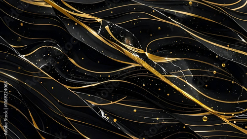 Fascinating black marble featuring dynamic, swirling patterns of gold & black hues, with shimmering specks, like cosmic grandeur; against a dark background, with ample space for text.