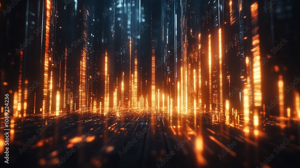 Abstract digital city skyline with glowing orange lights. Abstract digital city skyline with glowing orange lights.