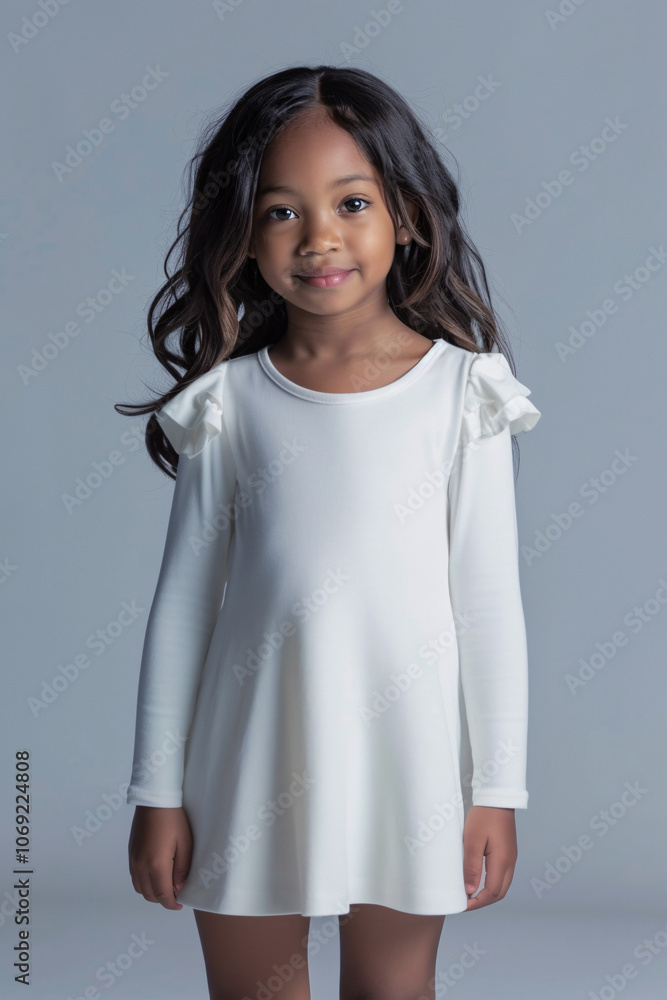 Beautiful Mexican little girl in a light beige cotton dress is posing on white background. Beautiful Mexican little girl in a light beige cotton dress is posing on white background.