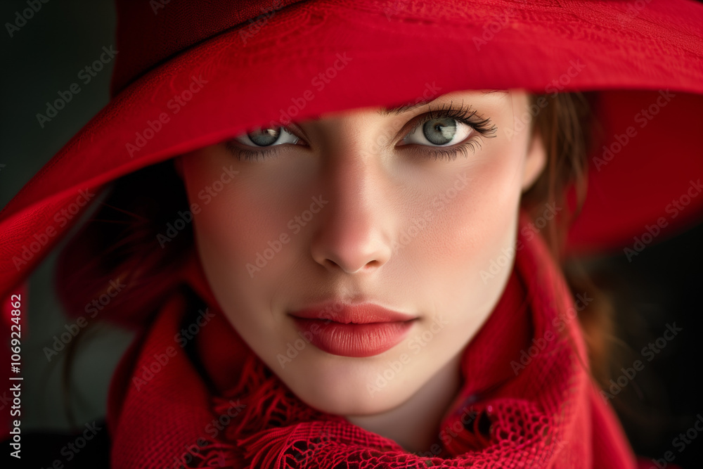 Close-up portrait of an elegant woman in a red hat and scarf. Close-up portrait of an elegant woman in a red hat and scarf.