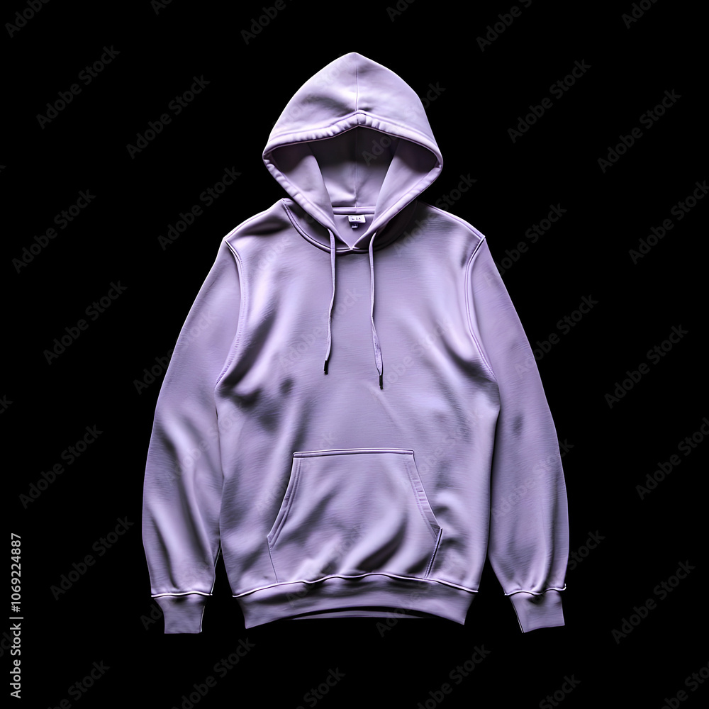 A lavender hoodie displayed flat against a black background. A lavender hoodie displayed flat against a black background.