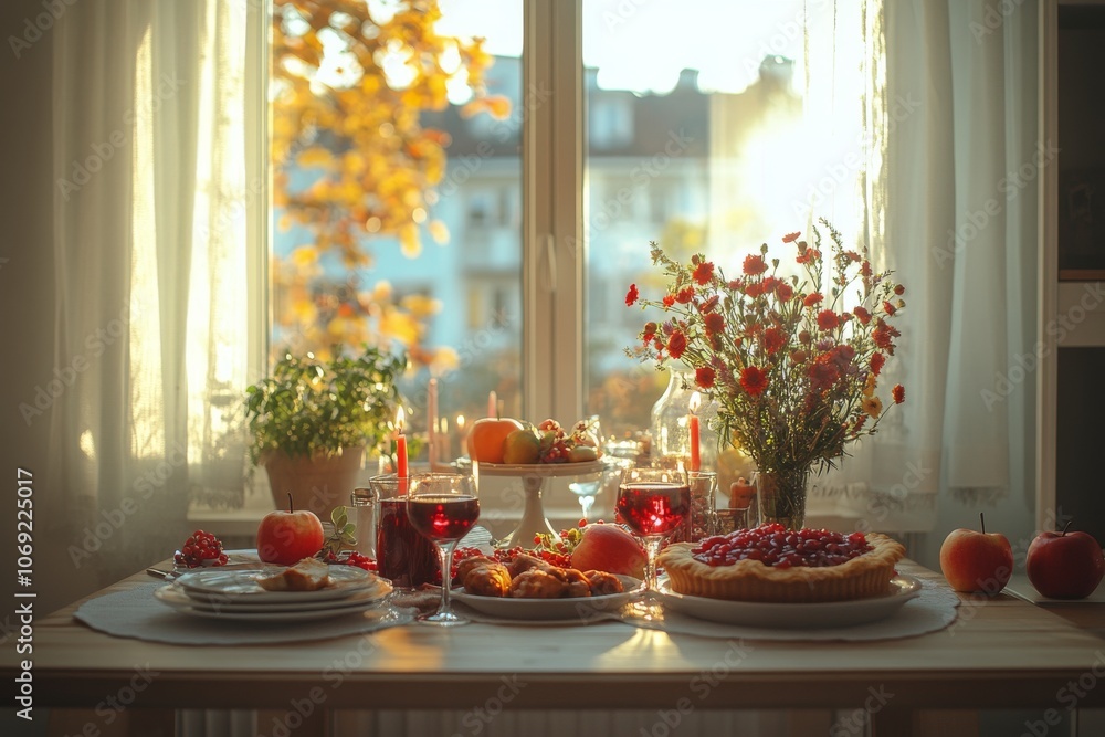 Cozy autumn table setting with pie, fruit, and flowers by a sunlit window in warm tones Cozy autumn table setting with pie, fruit, and flowers by a sunlit window in warm tones