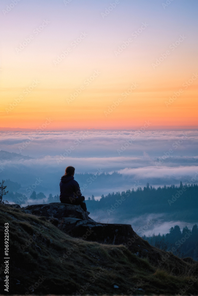 Obraz premium A person sits alone on a rocky hilltop, gazing over a misty forest landscape at sunset. Soft clouds fill the horizon, creating a peaceful and contemplative scene. Generative AI