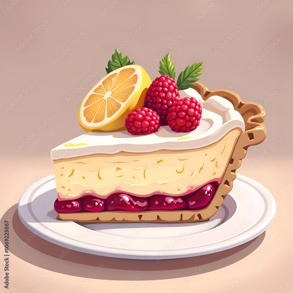 Indulge in the perfect slice of creamy raspberry lemon cheesecake bliss, digital art of still life concept. Indulge in the perfect slice of creamy raspberry lemon cheesecake bliss, digital art of still life concept.